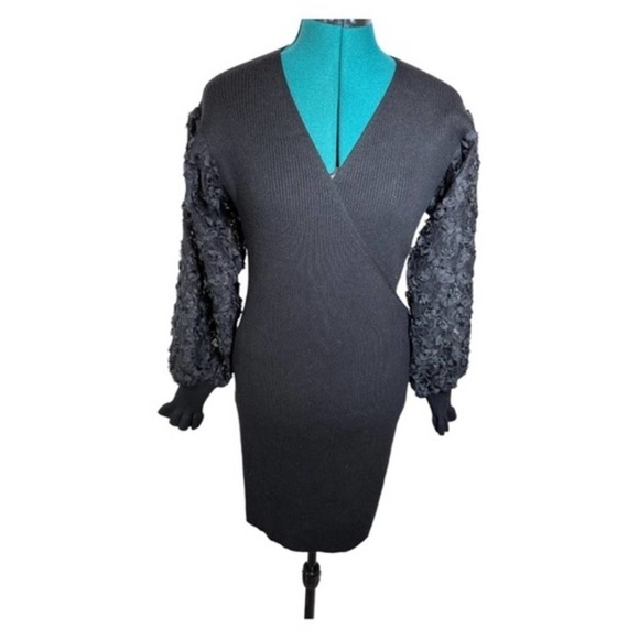Lush Ribbed Faux Wrap Sweater Dress With Balloon Applique Sleeves in Black - Picture 8 of 8